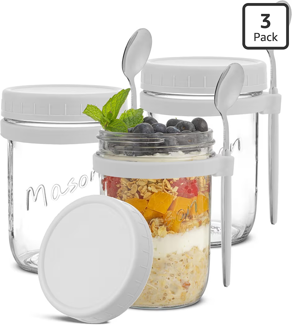 JoyJolt 3-Pack Glass Overnight Oats Jars with Lids and Spoons Set (16 oz), Mason Jars for Overnig... | Amazon (US)