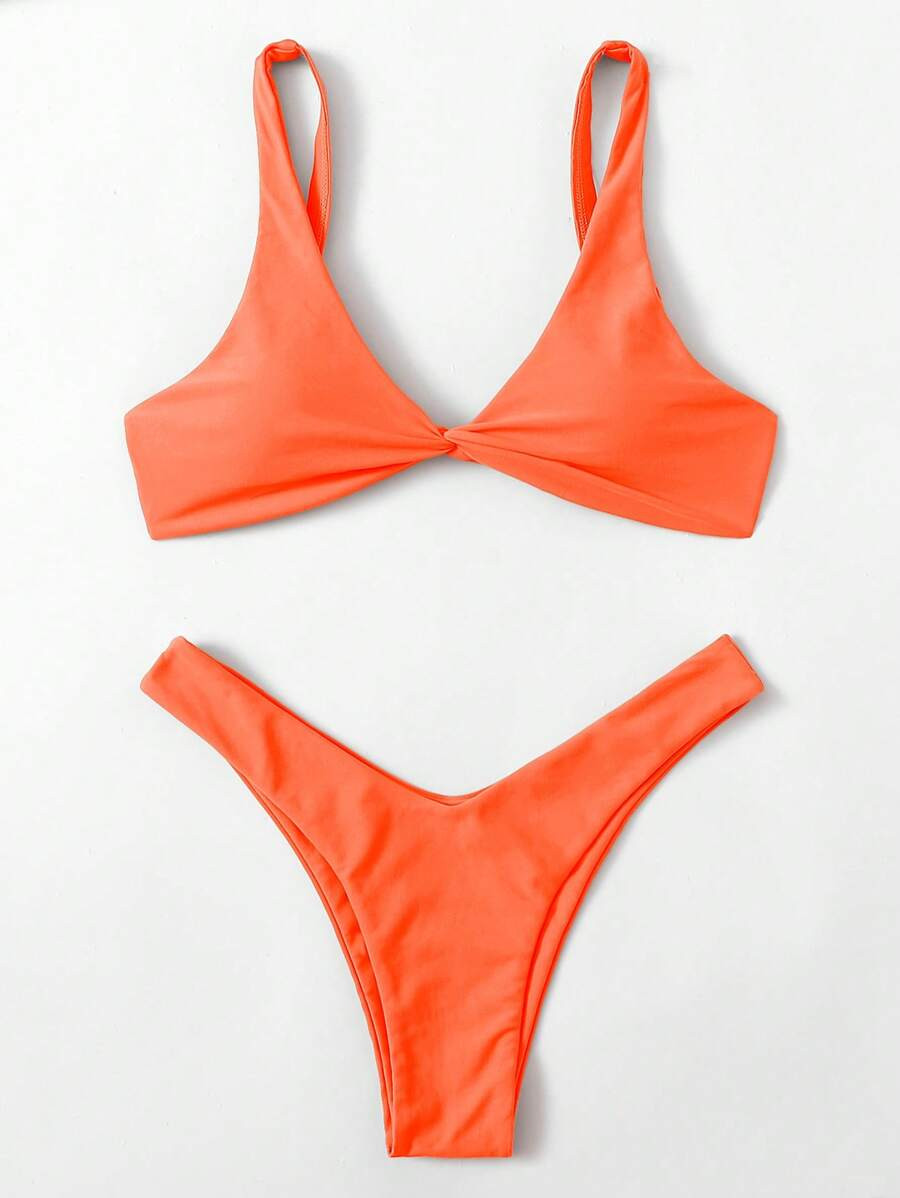 SHEIN Swim Summer Beach Twist High Cut Solid Bikini Set, Vocation Bikini, Bathing Suit | SHEIN