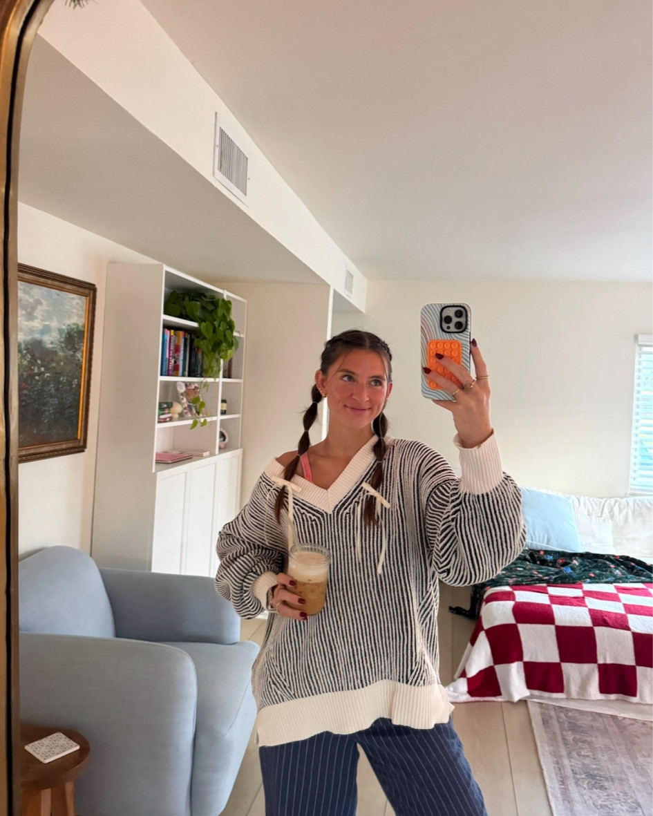 been living in cozy aerie favorites this season☁️ 

sweater, pajamas, crew neck, striped pants, bows 

#LTKStyleTip #LTKFindsUnder50 #LTKSeasonal
