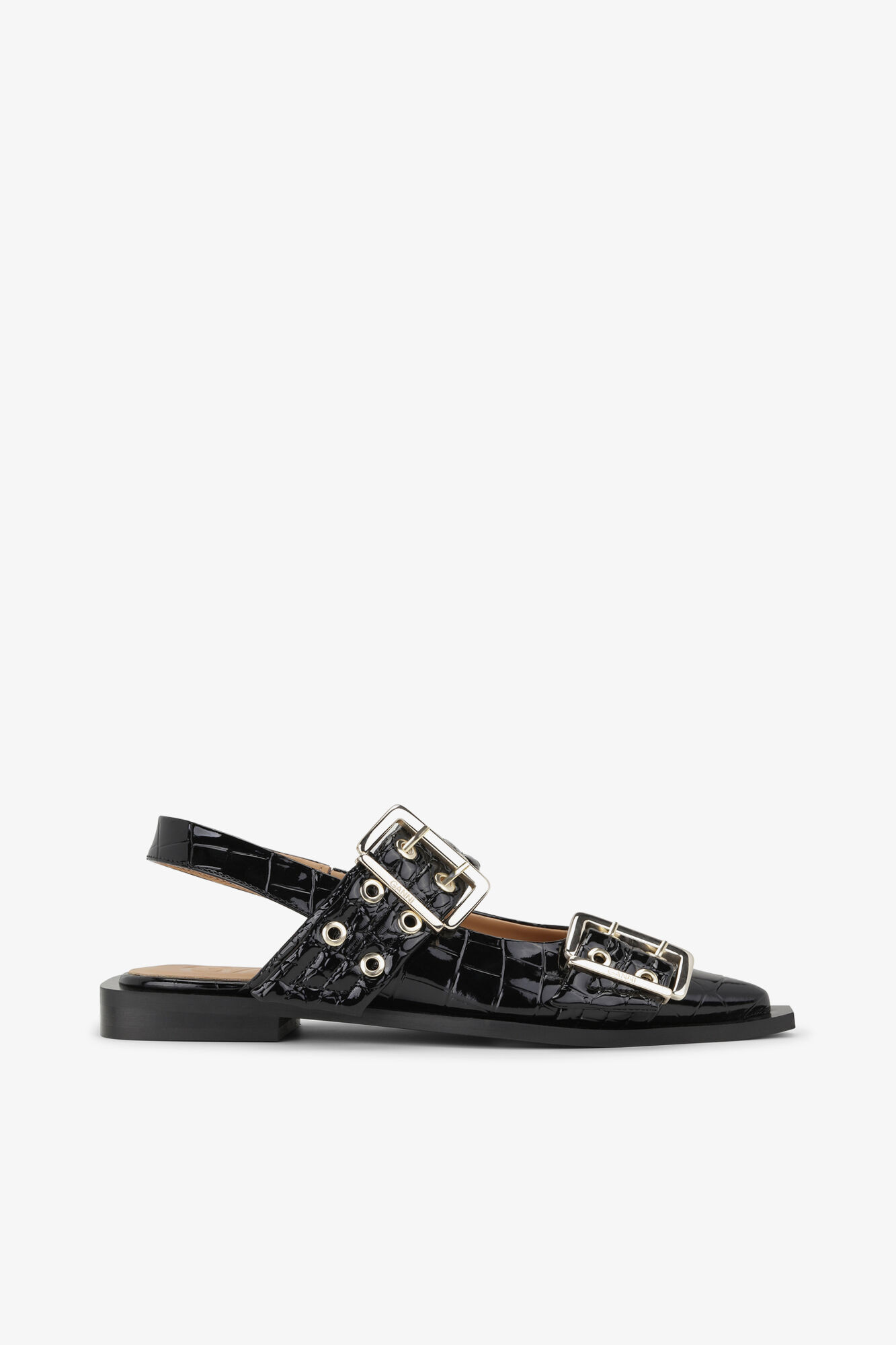 Feminine Buckle Ballerinas in Black Croco Patent | Ganni
