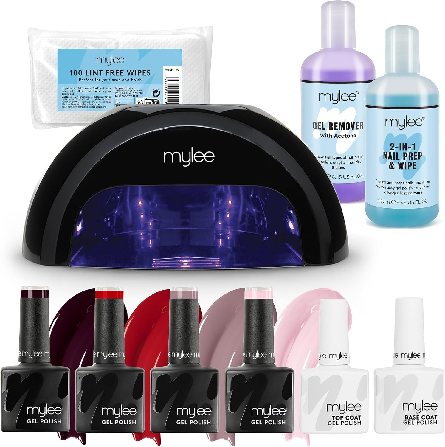 Mylee Complete Professional Gel Nail Polish LED Lamp Kit, 4x MYGEL Colours, Top & Base Coat, Mylee PRO Salon Series Convex Curing® LED Lamp, Prep & Wipe, Gel Remover (Black Lamp) | Amazon (UK)