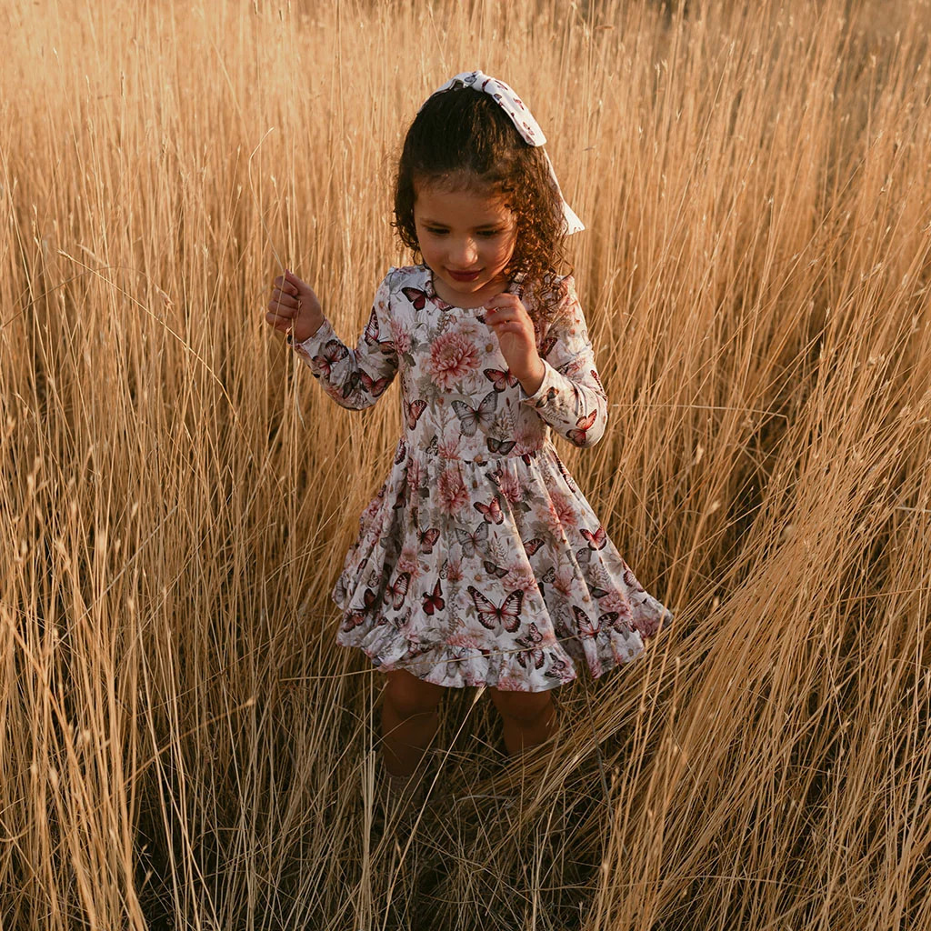Floral White Long Sleeve Leanne Ruffled Twirl Dress | Posh Peanut\u00ae | Posh Peanut