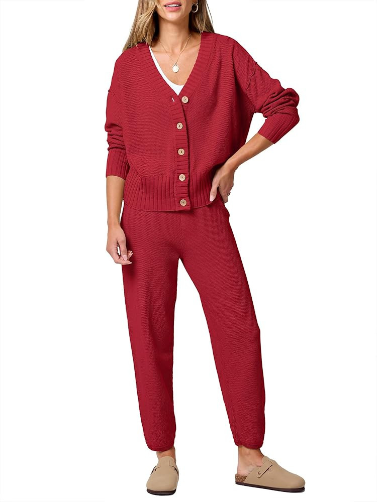 ANRABESS Women 2 Piece Outfits Waffle Knit Long Sleeve Cardigan Set Casual Sweater Pants Lounge S... | Amazon (US)