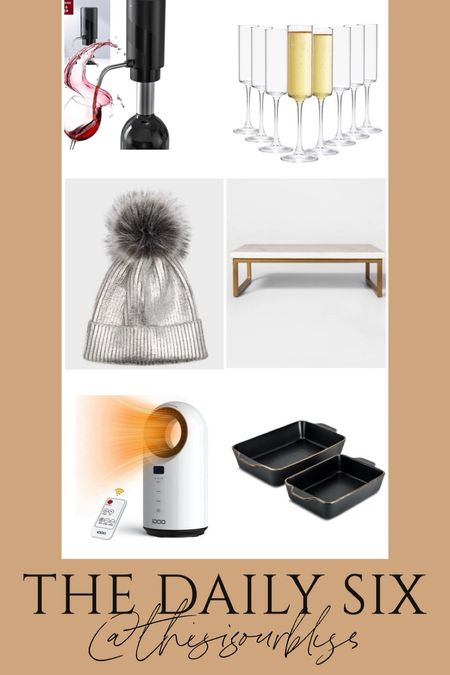 The daily six 🖤 today’s daily finds! 

Automatic wine pourer
Champagne flutes for NYE - set of 8
Metallic silver pom pom beanie
Marble & brass stand for coffee bar  
Small space heater with remote on sale!
2 piece set of black baking dishes 

#LTKfindsunder50 #LTKHoliday #LTKsalealert