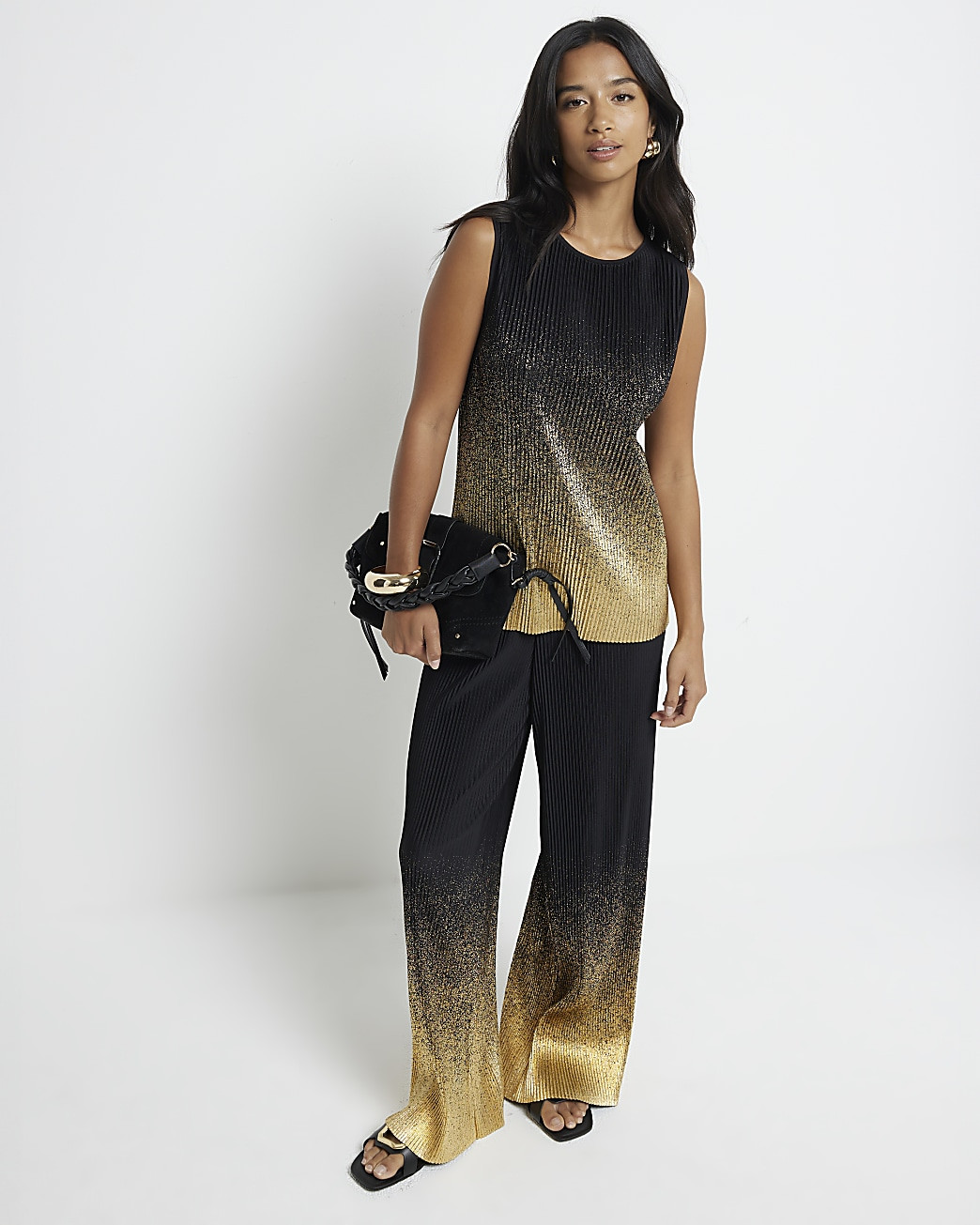 Petite black plisse ombre wide leg trousers | River Island (UK & IE)