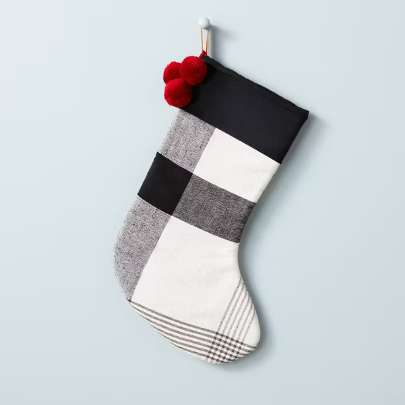 Block Plaid Poms Stocking Black/White - Hearth & Hand™ with Magnolia | Target