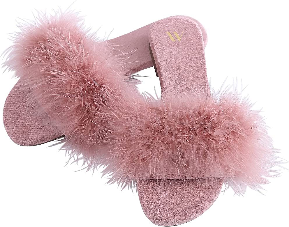 Amélie Home Women's Sexy Fashion Slide Slippers-Furry Turkey Feather Open Toe Comfy Fuzzy Suede Line | Amazon (US)