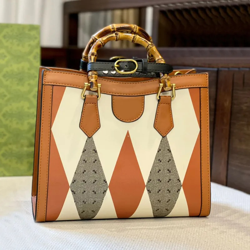 Diana Tote Bag Bamboo Handle Handbag Canvas Leather Patchwork Shoulder Bags Classic Letter Printe... | DHGate