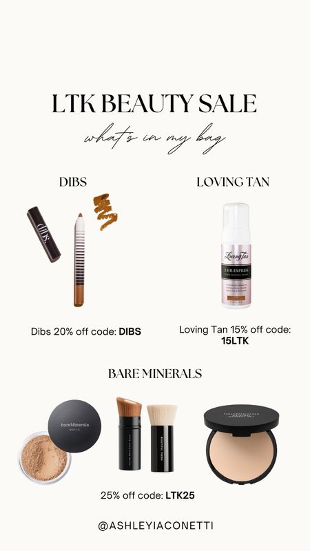 LTK Beauty Sale is now live! 20% off Dibs with code: DIBS , 15% off Loving Tan with code: 15LTK & 25% off bareMinerals with code: LTK25 

#LTKBeauty #LTKSaleAlert #LTKFindsUnder50