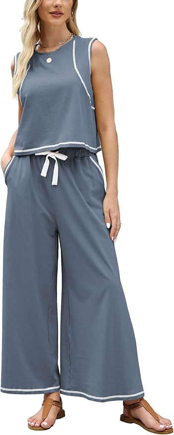 Women’s 2 Piece Lounge Set Sleeveless Tank Top & Wide Leg Pants Contrast Trim Relaxed Casual Ma... | Amazon (US)