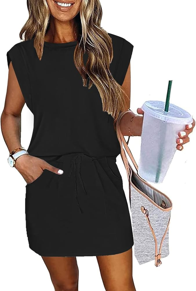 ETCYY NEW Womens Cap Sleeve Summer Dress Crew Neck Tie Front A-Line Dresses Double Layer Hem Mini... | Amazon (US)