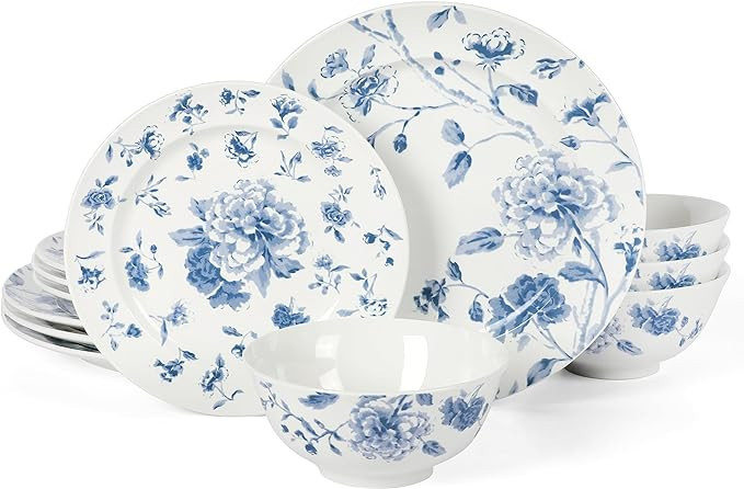 Martha Stewart Empress Bouquet Decorated Porcelain Dinnerware Plates and Bowls Set - Blue Floral,... | Amazon (US)