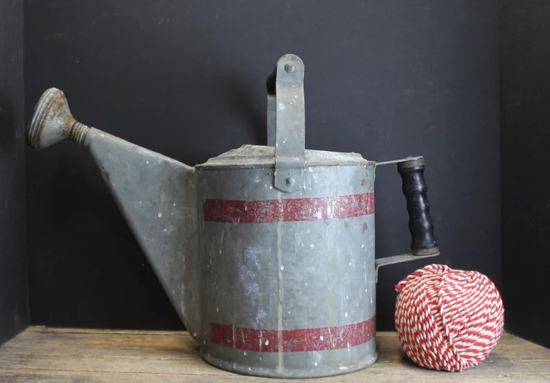 Vintage Galvanized Watering Can With Red Stripes Farm House Cottage Garden - Etsy | Etsy (US)