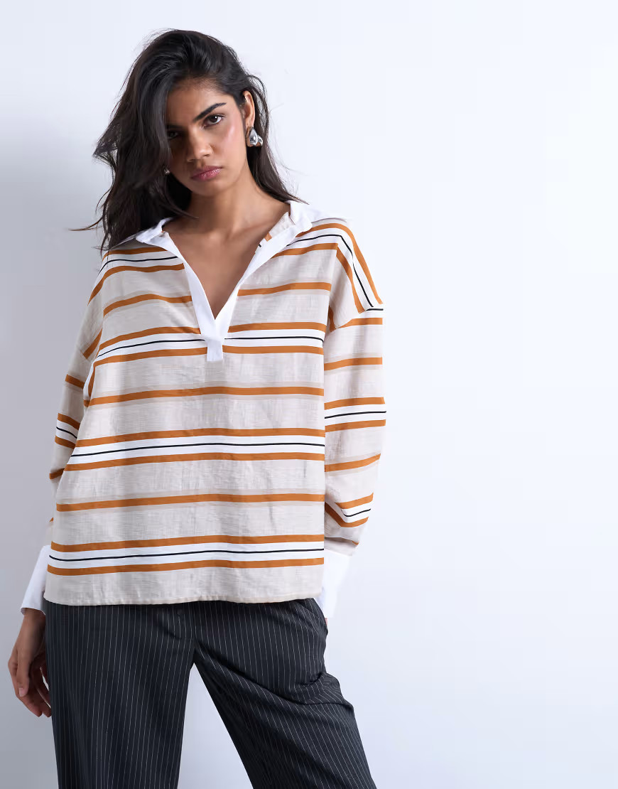 Topshop long sleeve rugby top in beige and orange stripe-Multi | ASOS (Global)