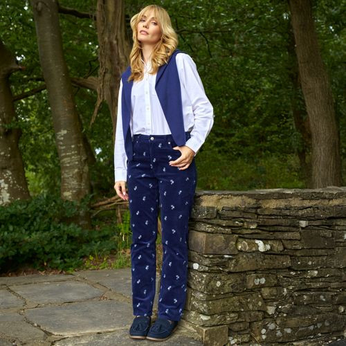 Women's Plus Size Fine Wale Embroidery Corduroy High Rise Straight Leg Pants - Lands' End - Blue - 18W | Lands' End (US)