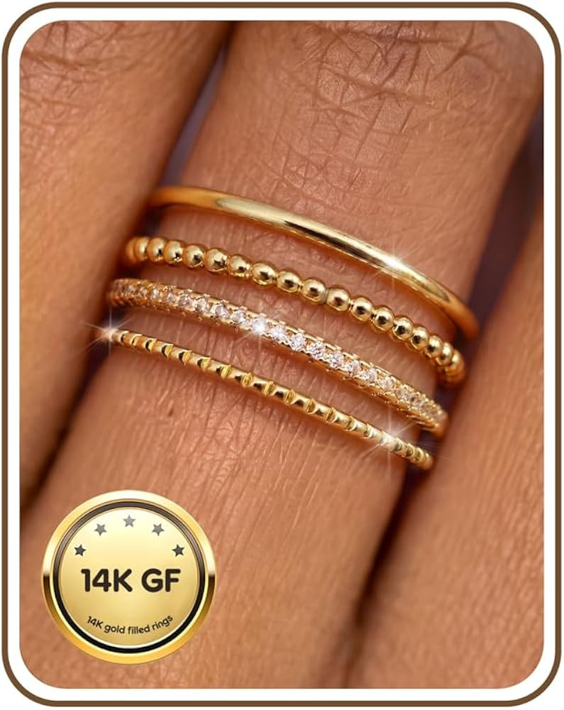 Stackable Rings for Women 14K Gold Plated Knuckle Stacking CZ Thin Ring Set | Amazon (US)