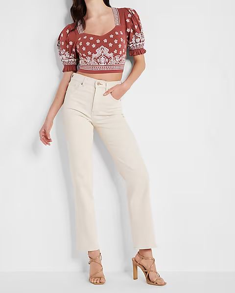 Embroidered Puff Sleeve Cropped Top | Express