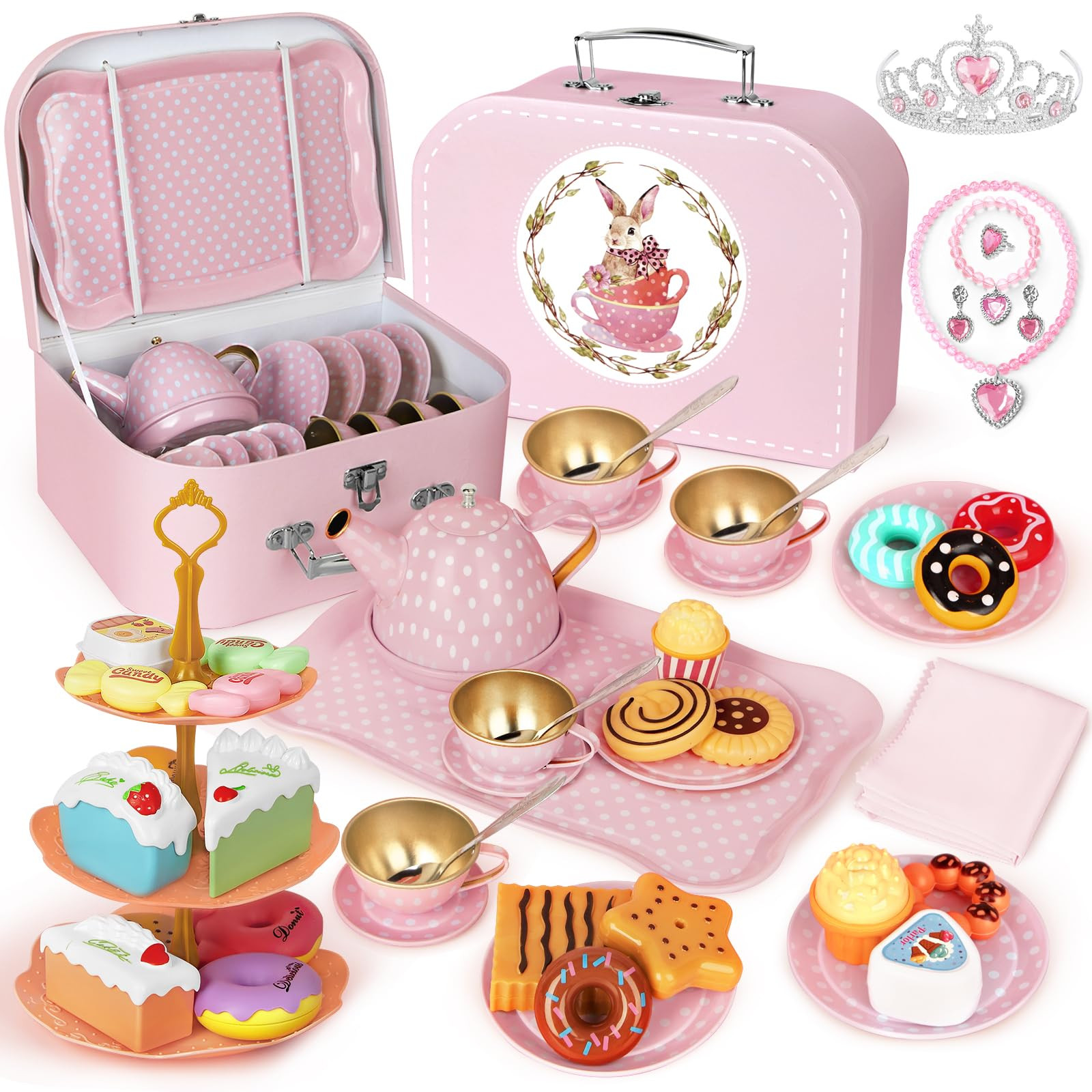 Tea Party Set for Little Girls, 49PCS Princess Tea Time Toys Including Tea Set Dessert Carrying C... | Amazon (US)