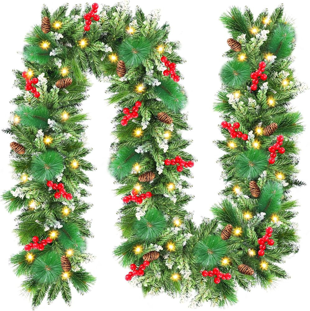 FINOM Christmas Garland, 9ft Artificial Christmas Tree Garland,Christmas Garland with Lights, Pin... | Amazon (US)