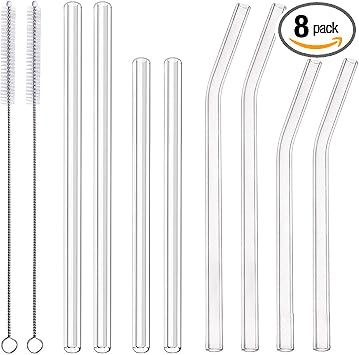 ALINK 8-Pack Clear Glass Smoothie Straws, 10mm Wide 10" + 9 " Long Reusable Drinking Straws with ... | Amazon (US)