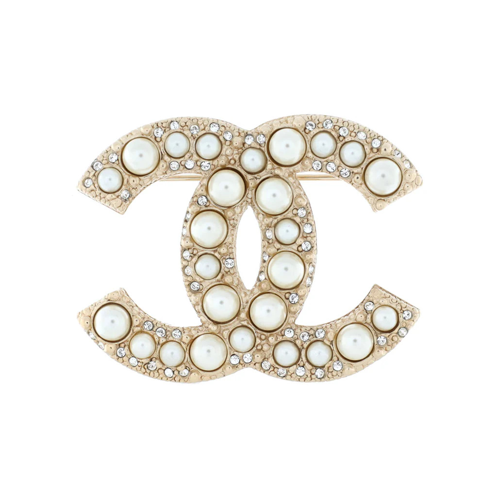 CC Brooch Metal with Crystals and Faux Pearls | Rebag