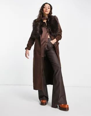 Object belted coat with fur trim in chocolate | ASOS (Global)
