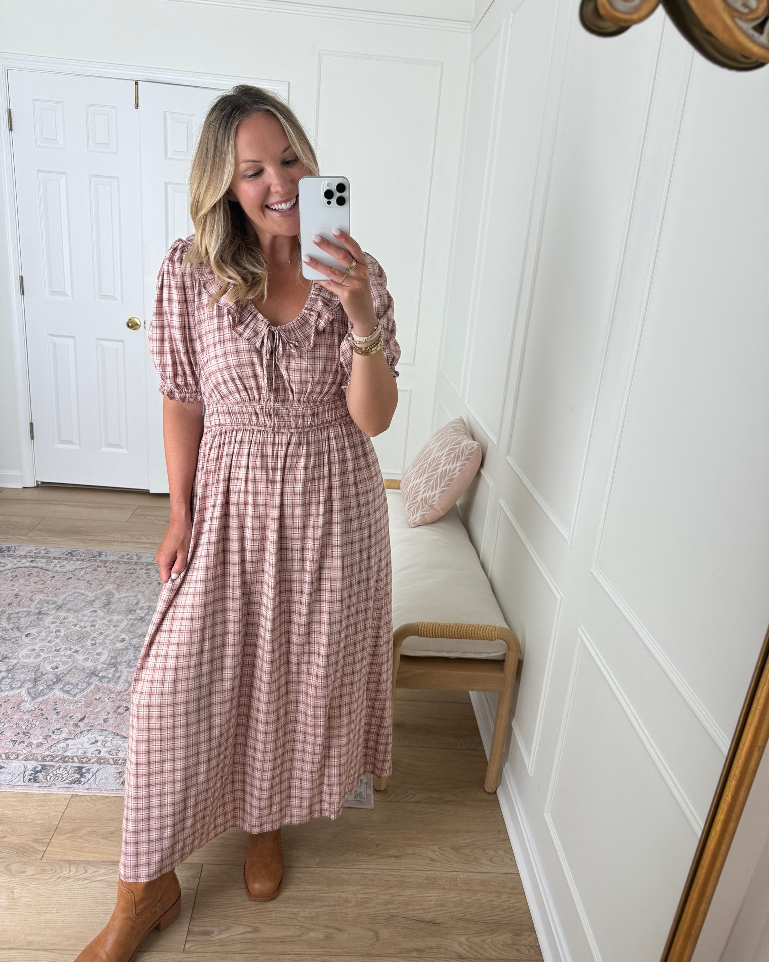 Love the plaid print! Fall dress - wearing a med