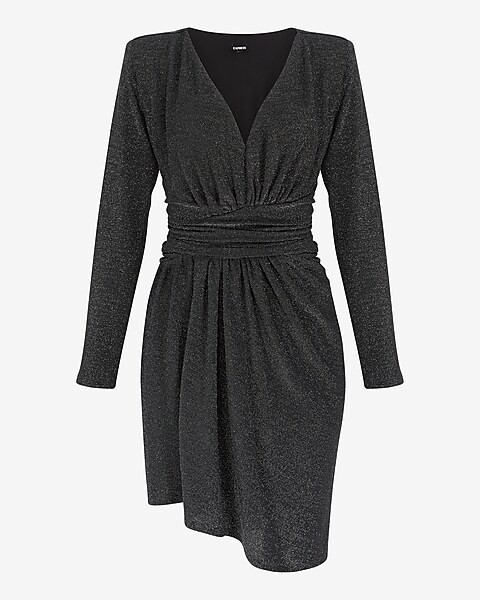 Metallic Draped V-Neck Strong Shoulder Mini Dress | Express