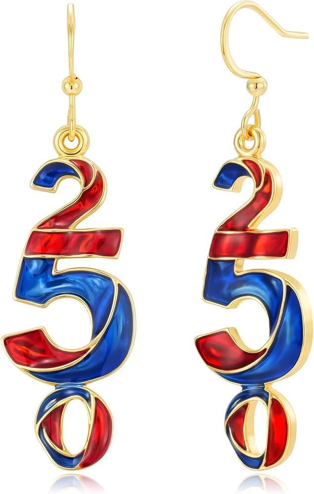 Gold Dangle Earrings for Women, Patriotic USA 250th Celebration Womens Earrings, 14k Gold Plated ... | Amazon (US)