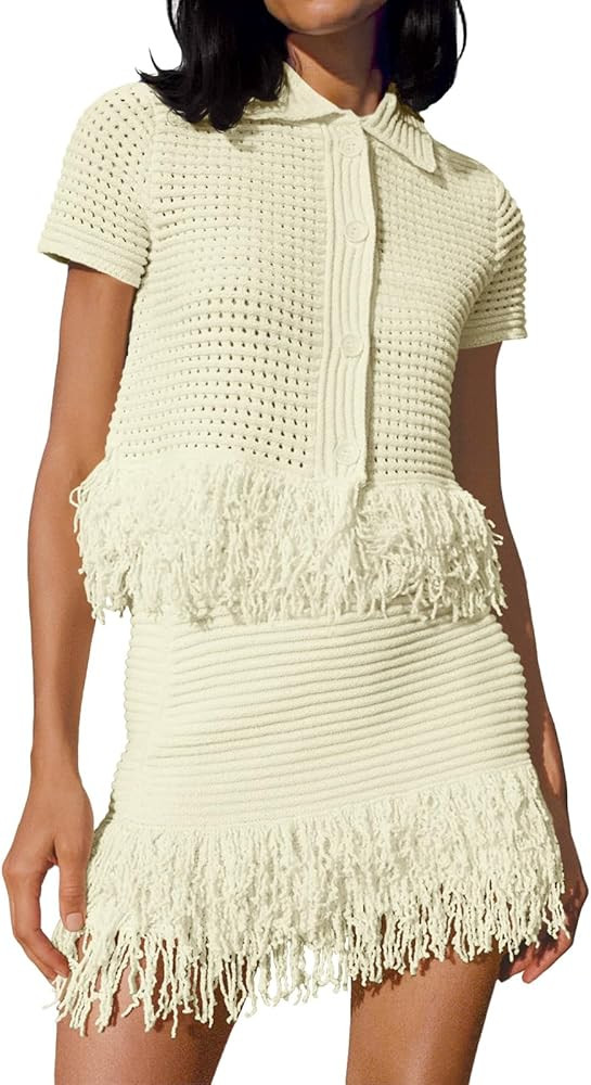 Fisoew Womens 2 Piece Crochet Outfits Short Sleeve Button Knit Sweater Tops Fringe Skirt Summer V... | Amazon (US)