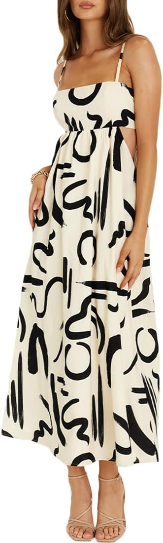 KMOLY Summer Spaghetti Strap Dresses for Women Cut Out Sleeveless Smocked Casual Boho Maxi Beach ... | Amazon (US)