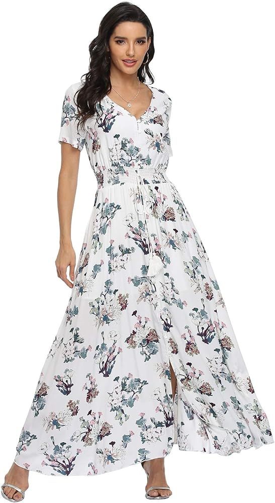 VintageClothing Women's Floral Maxi Dresses Boho Button Up Split Beach Party Dress | Amazon (US)