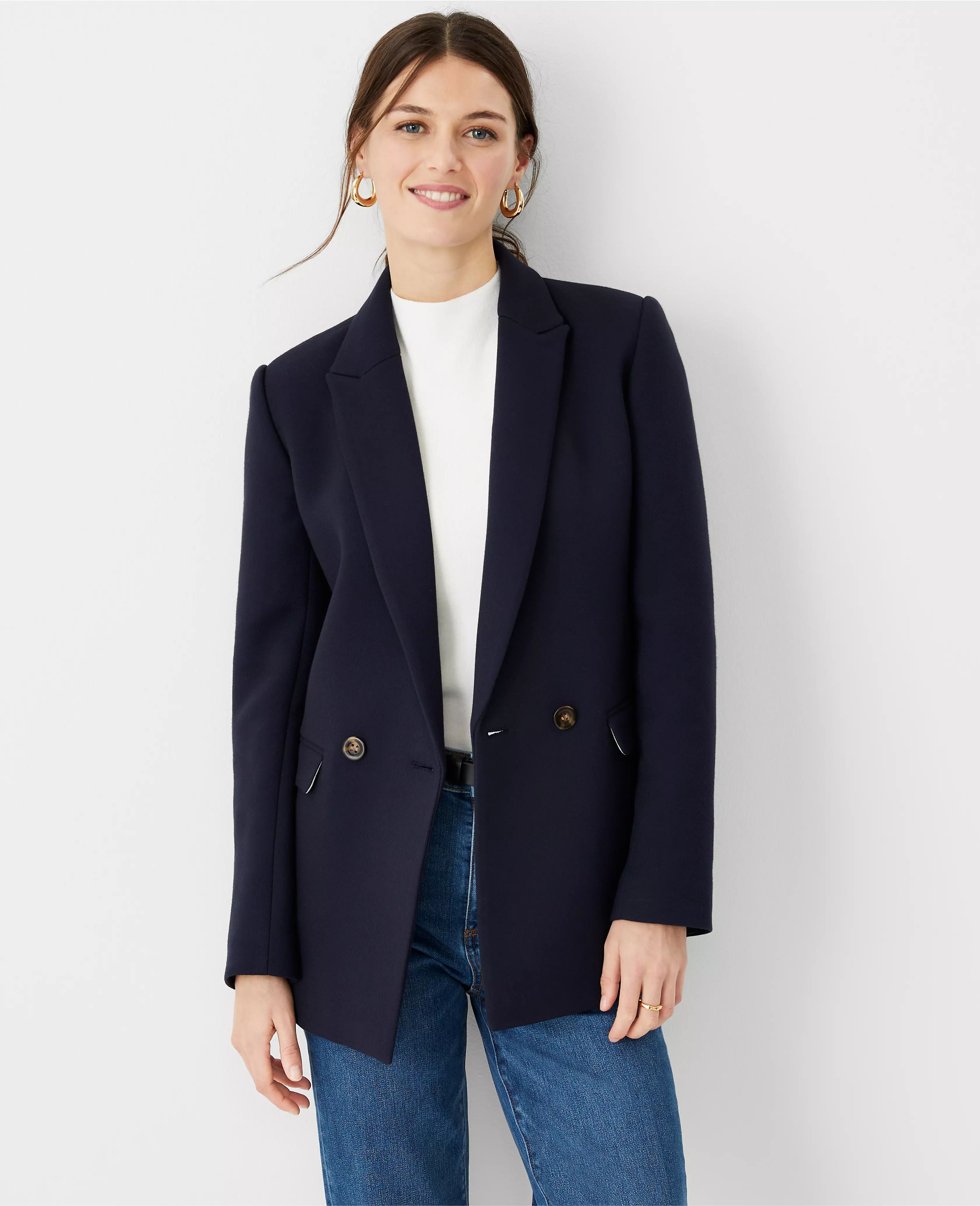 The Petite Relaxed Double Breasted Long Blazer in Twill | Ann Taylor (US)