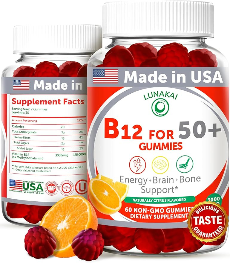 Lunakai USA Made Vitamin B12 Gummies for Adults 50+, Non-GMO B12 for Energy & Vitality Boost, Del... | Amazon (US)