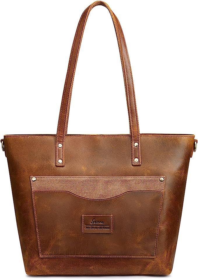 S-ZONE Genuine Leather Tote Bag for Women Vintage Shoulder Purse Work Handbag with Front Pockets | Amazon (US)