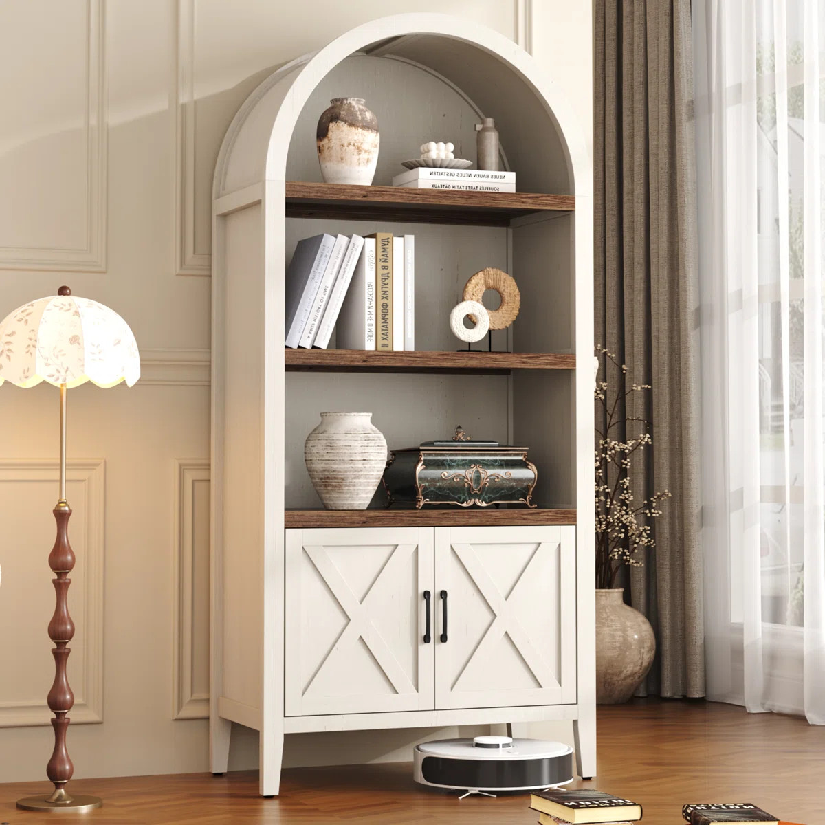 71" Tall Farmhouse Arched Bookcase With Doors And Open Shelf | Wayfair North America