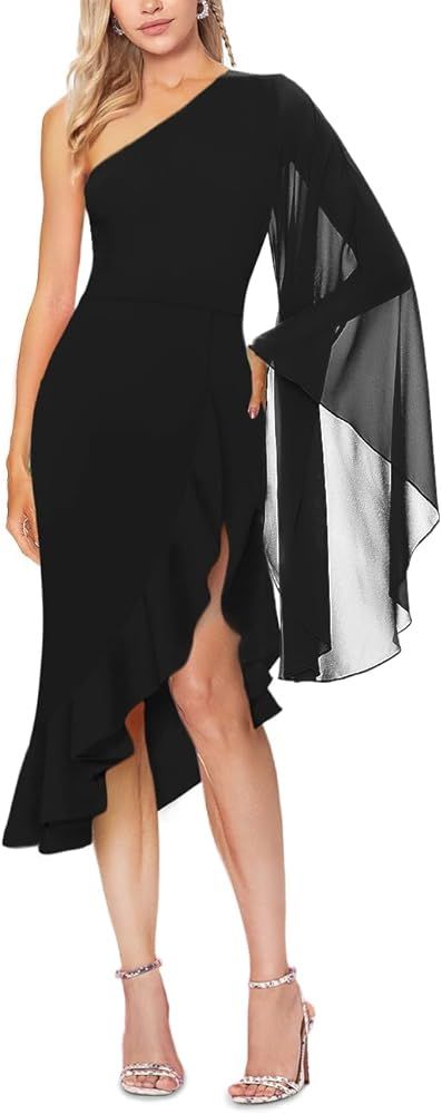 Lrady Women's One Shoulder Formal Dresses Summer 2024 Bell Sleeve Ruffle Slit Bodycon Wedding Gue... | Amazon (US)