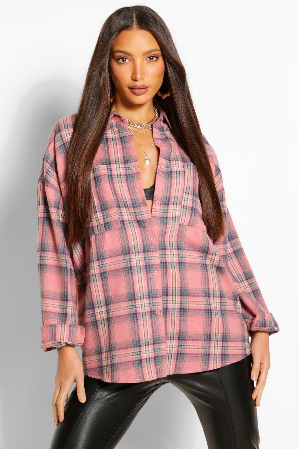 Womens Tall Oversized Flannel Shirt - Pink - 10 | Boohoo.com (US & CA)