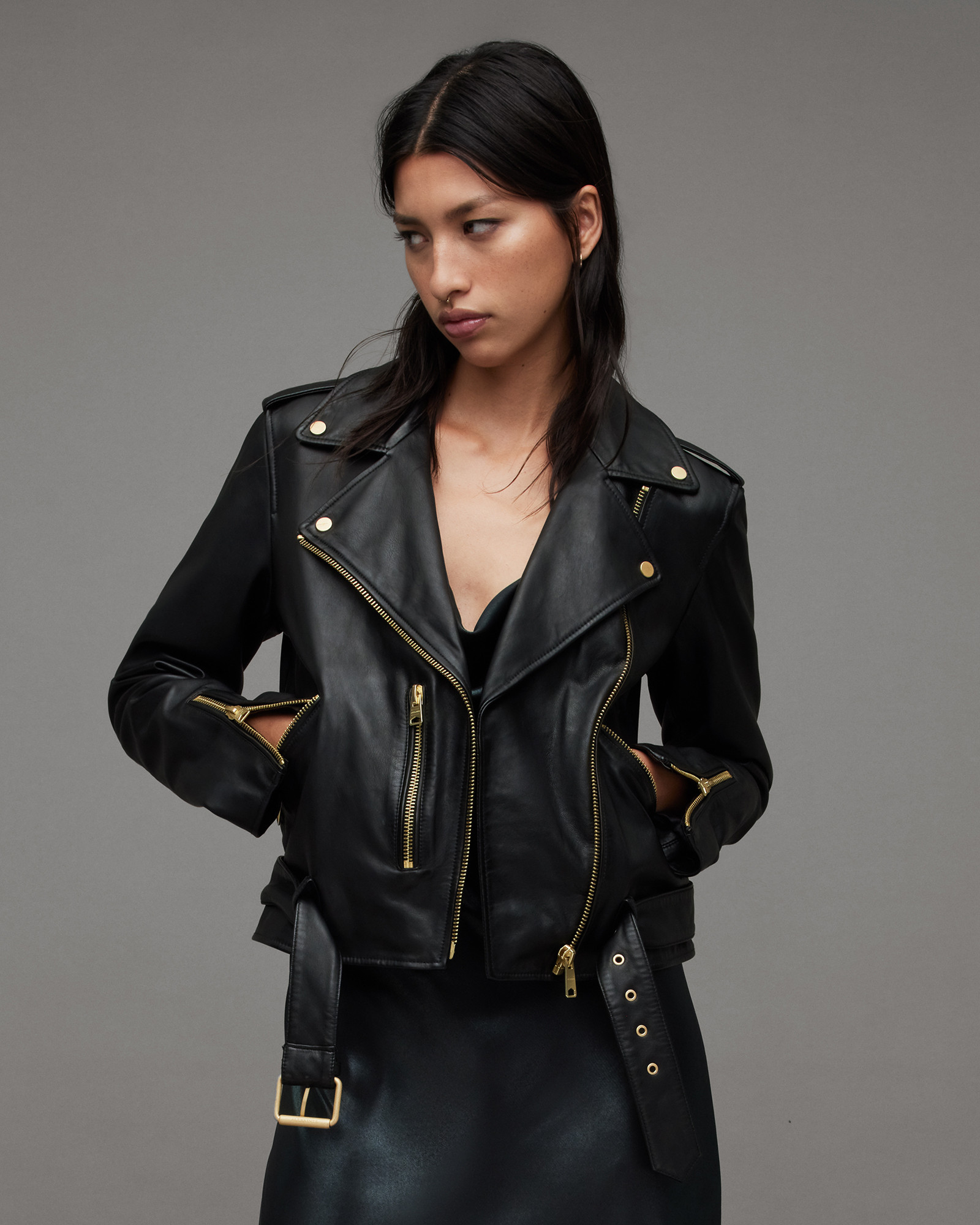 Balfern Belted Hem Leather Biker Jacket BLACK/GOLD | ALLSAINTS US | AllSaints US