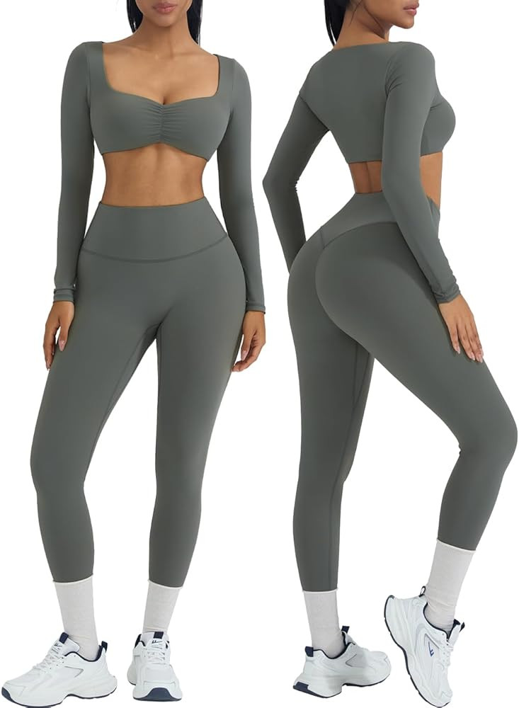 OMKAGI 2 Piece Workout Sets for Women Long Sleeve Padded Sports Bra High Waisted Gym Outfits with... | Amazon (US)