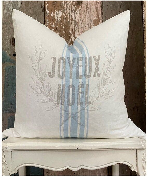 Joyeux Noel Blue Stripe Christmas Pillow Cover, Shabby Cottage Chic Holiday Decor, Farmhouse Grai... | Etsy (US)