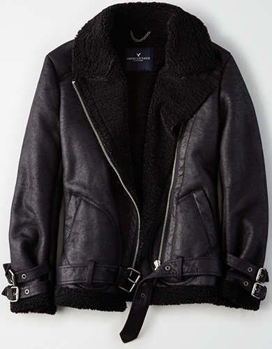 AE Faux-Suede Cozy Moto Jacket, True Black | American Eagle Outfitters (US & CA)
