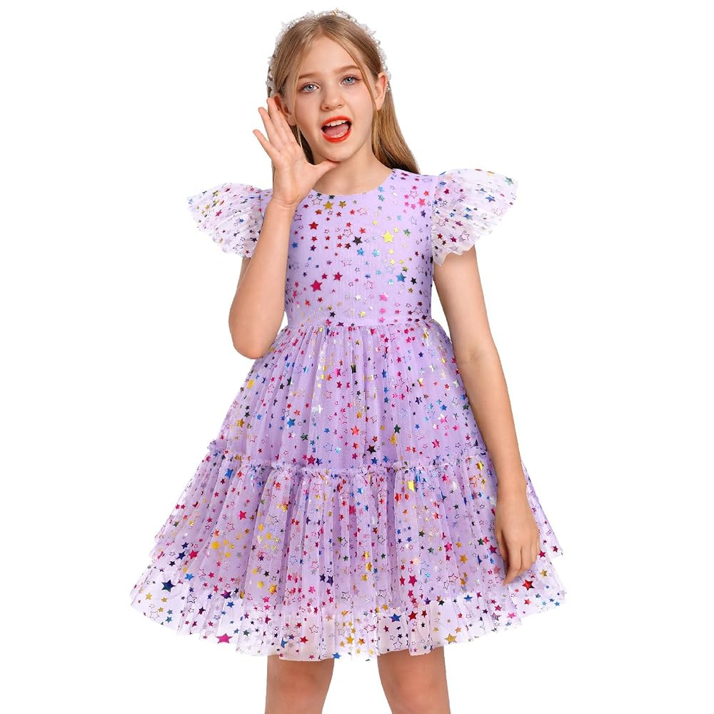 Girls Sequin Dress Toddler Shiny Rainbow Stars Tulle Dresses Ruffle Sleeve Birthday Party Photo S... | Amazon (US)