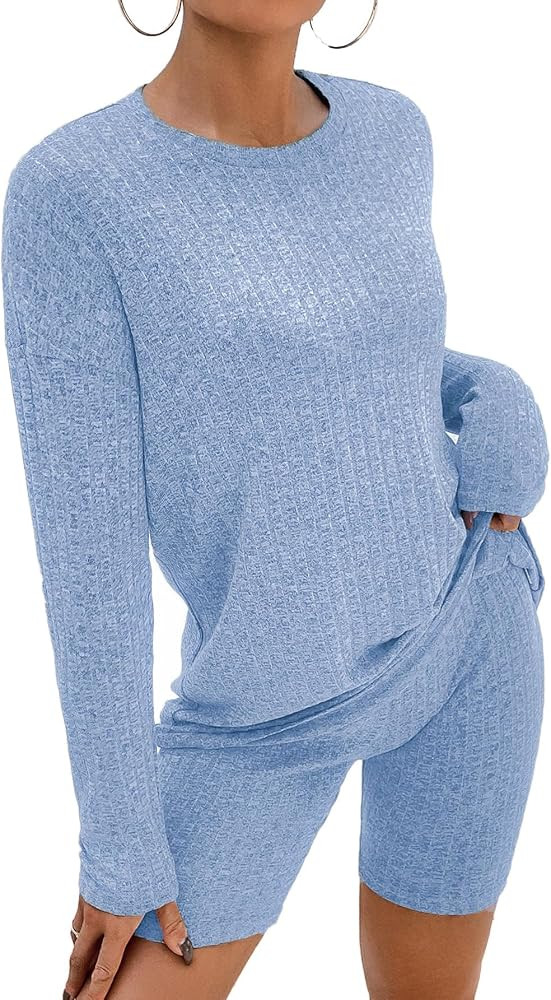 Women 2 Piece Outfit Sets Casual Oversized Ribbed T-Shirt Tops Biker Shorts Workout Sports Tracks... | Amazon (US)