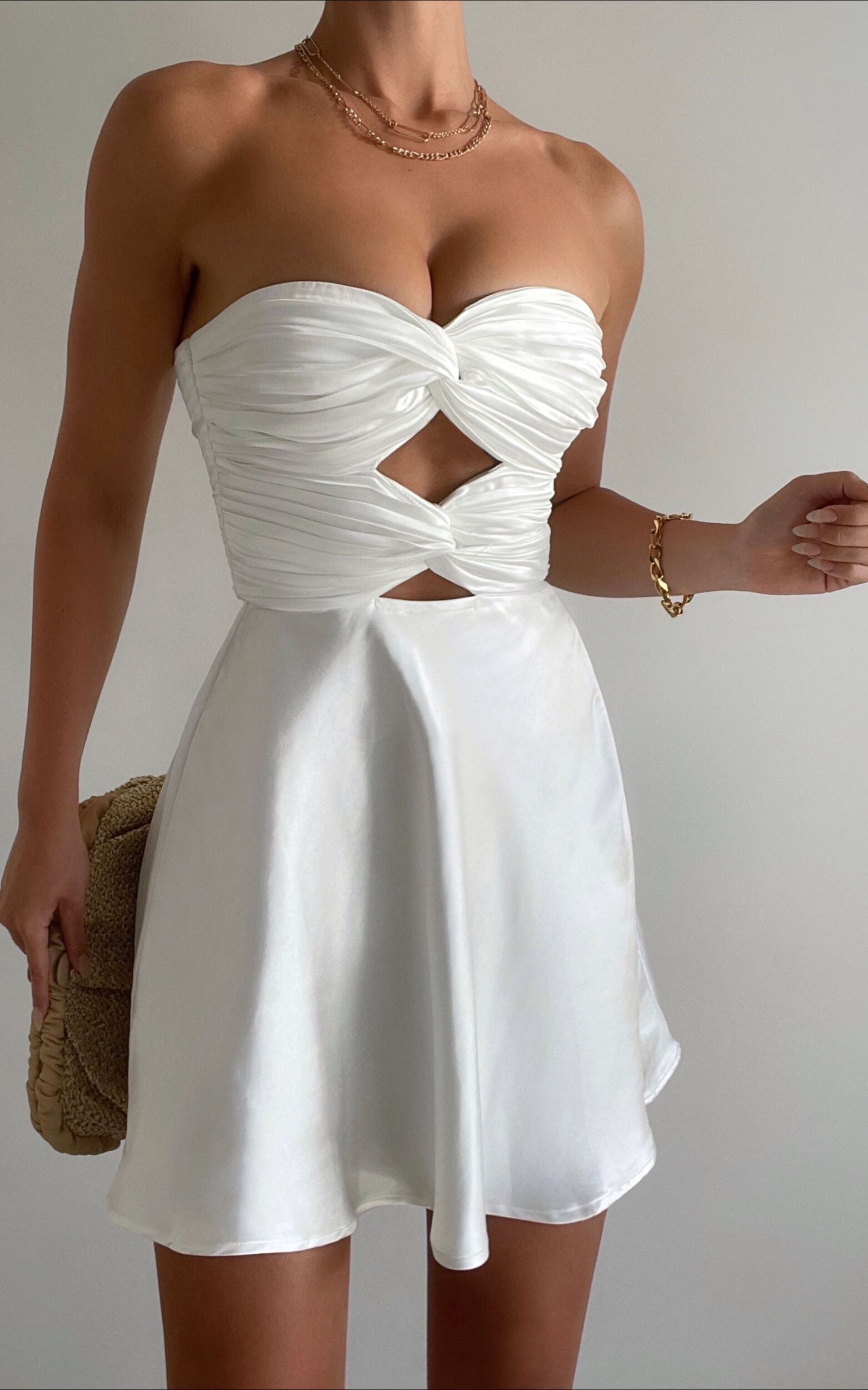 Almaeh Mini Dress - Twist Front Cut Out Strapless Slip Dress in White | Showpo (US, UK & Europe)