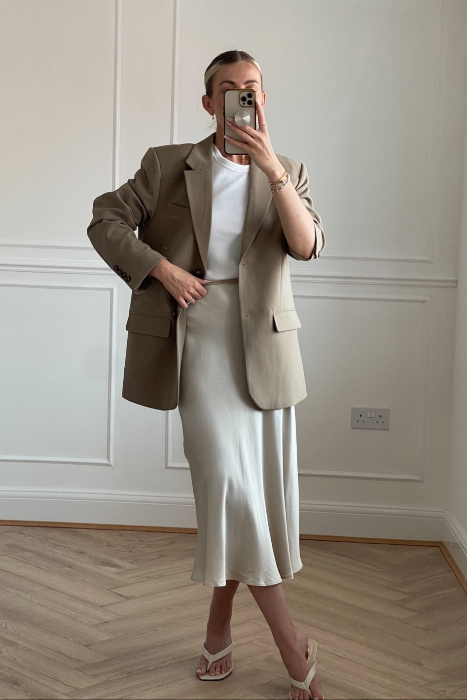 Satin skirt & beige blazer outfit 🤍

Silk skirt, beige blazer, white vest, cream heels 

#LTKunder100 #LTKSeasonal #LTKstyletip