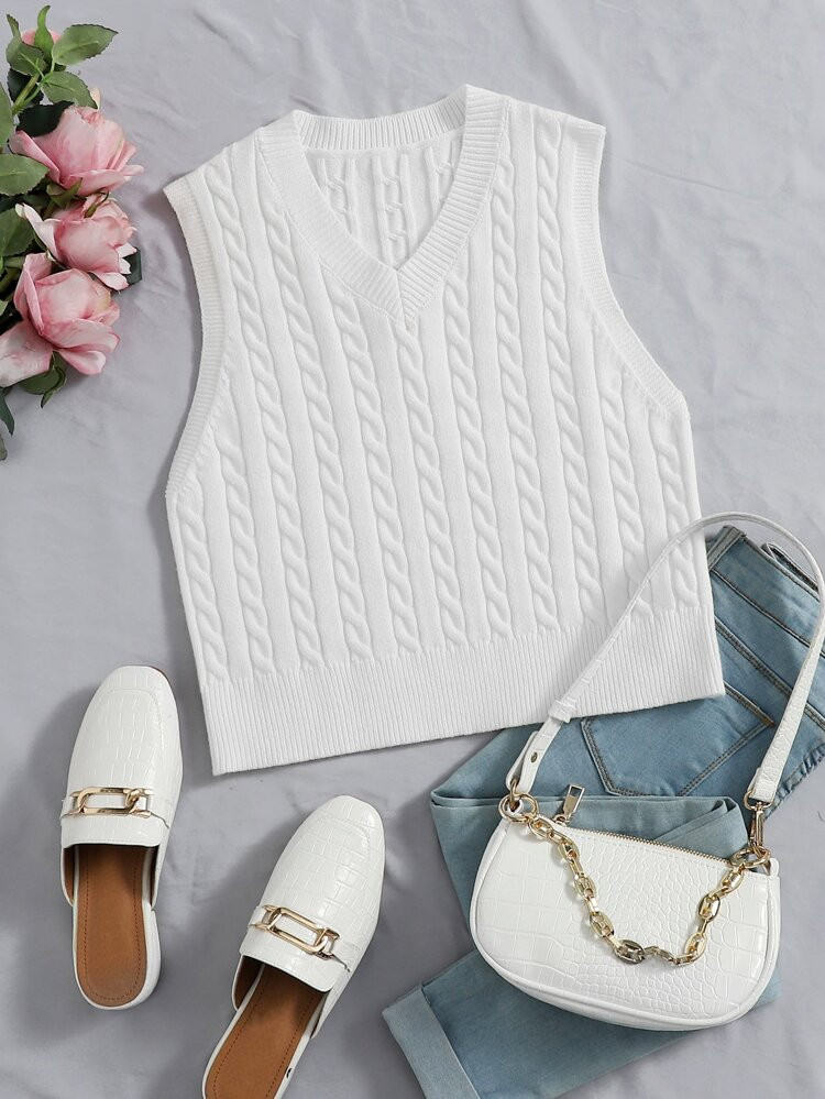V Neck Cable Knit Sweater Vest | SHEIN