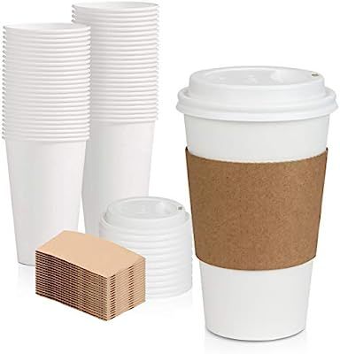 [50 Pack] White Coffee Cups with White Dome Lids and Brown Sleeves - 16oz Disposable Paper Coffee... | Amazon (US)