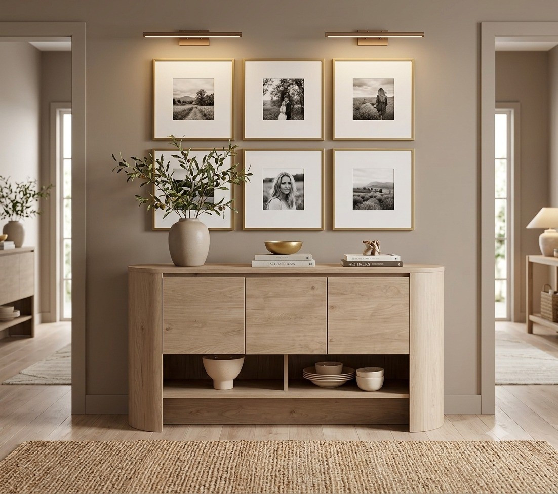 A styled modern organic entryway featuring a curved oak sideboard, warm gallery wall, and brass picture lights. #HomeDecor #EntrywayInspo

#LTKHome