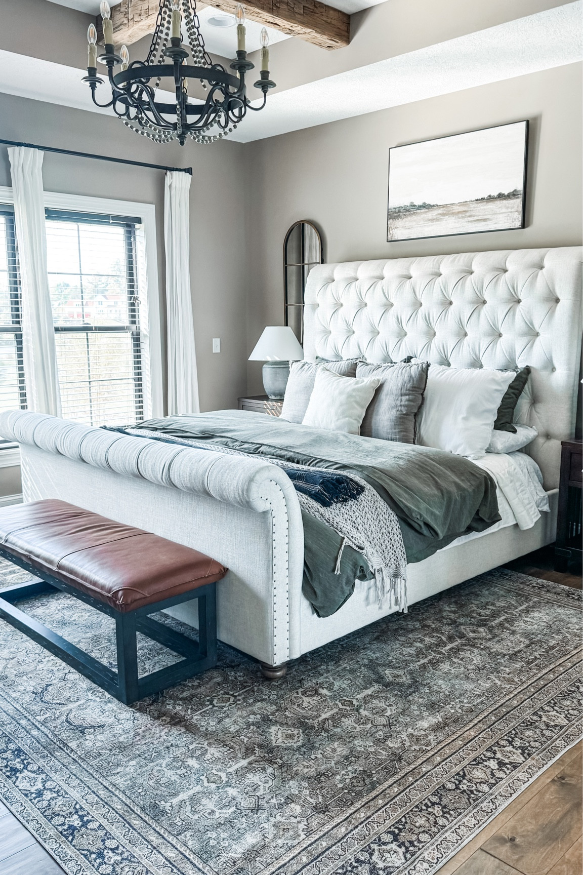Bedding refresh, bedroom, king bed, king size, layered bed, cozy bed, fluffy comforter, quilt, comforter, throw pillow, end of bed bench, layered bed, headboard, nightstands 

#LTKhome